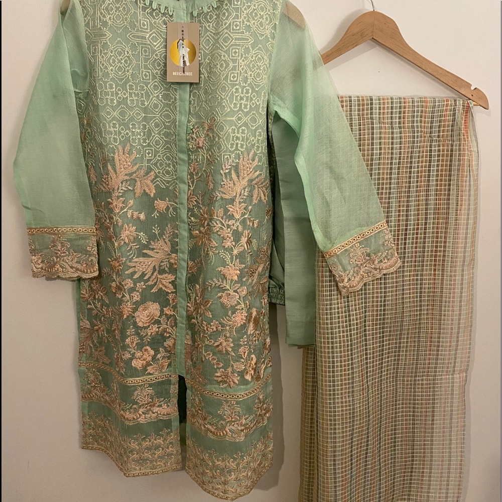 4 piece branded Pakistani/Indian formal shirt trouser Dupatta-beechtree-small